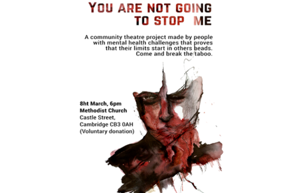 A poster for the community theatre project made by people with mental health challenges showing a drawing of a face with red