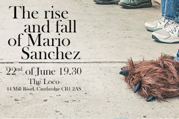 A colour photo of the pavement showing feet wearing a variety of different shoes including a person with hairy monster feet for the play The Rise and Fall of Mario Sanchez
